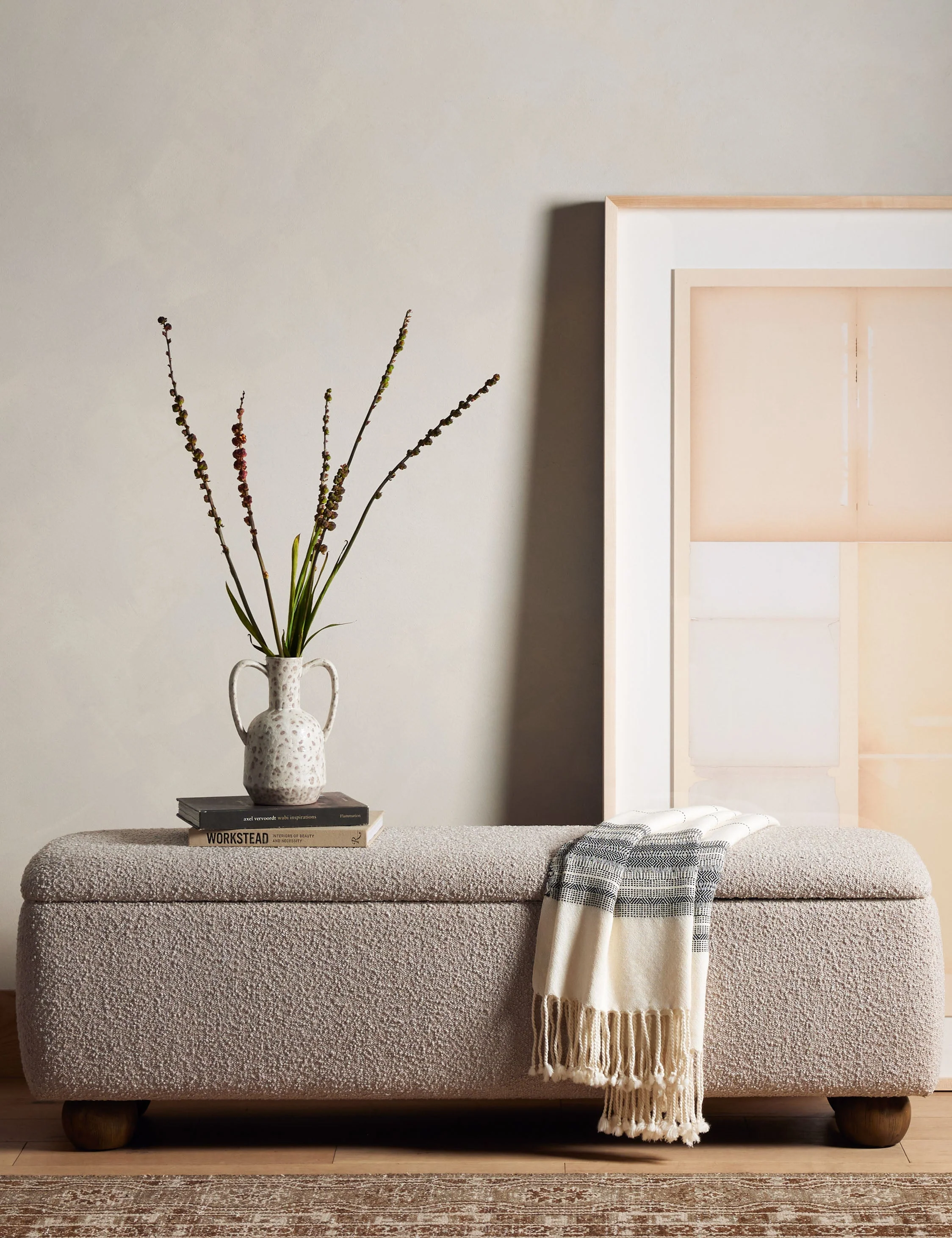 Bench The trunk offers a versatile accent for spare seating or an extra surface with ample storage inside. With its performance boucle