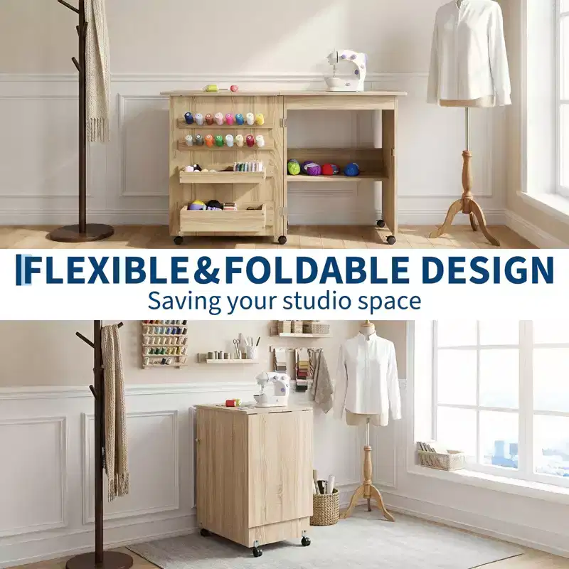 Folding Sewing & Craft Table with Shelves and Trays, Lockable Wheels, Pegs, Magnetic Locks, Compact Multi Desk, Space-Saving for Sewing Machines
