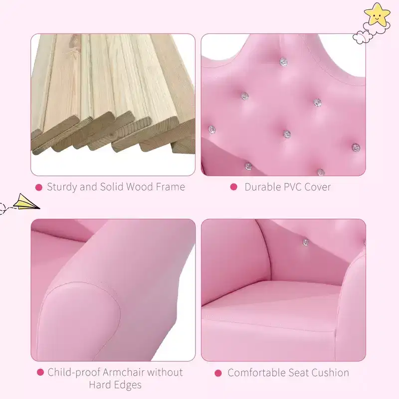 Kids Princess Sofa Chair with Crown Backrest and Matching Footstool Pink