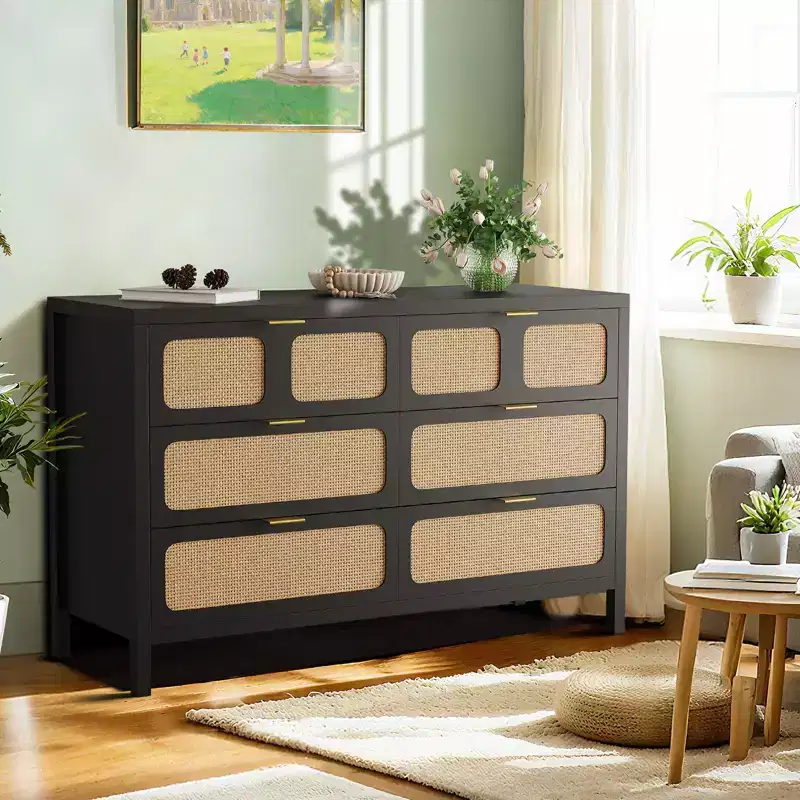 6 Drawer Dresser, Rattan Dresser for Bedroom with Metal Handles, Farmhouse Wood Storage Chest of Drawers for Bedroom, Living Room, Hallway, Entryway