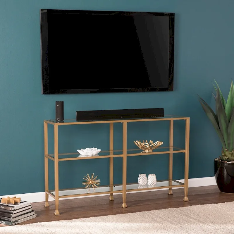 SEI Furniture Jensen Narrow Metal Console Table w/ Glass Shelves - Gold