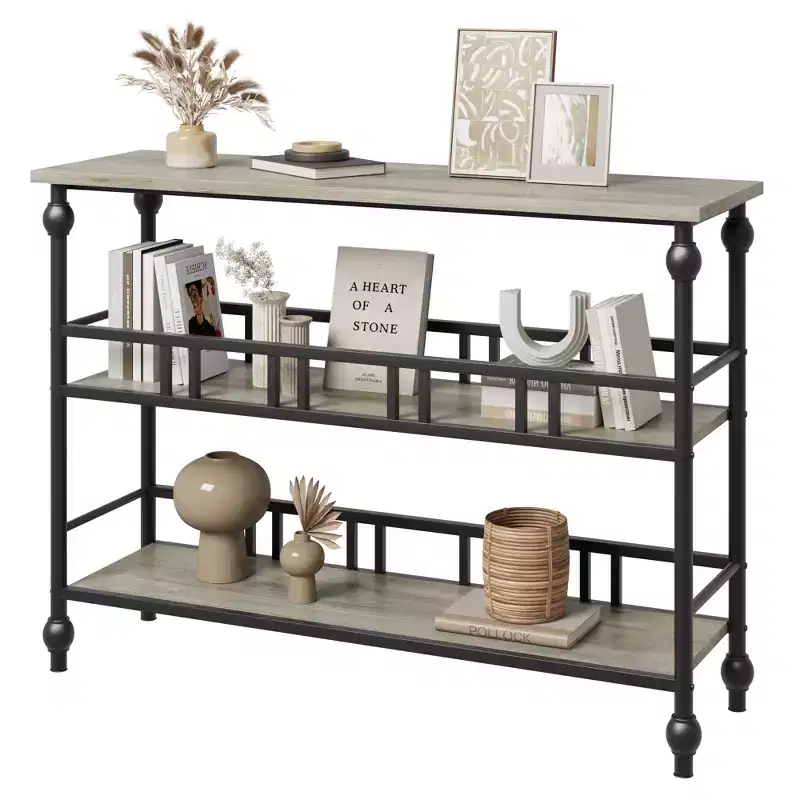 43 Classical Console Table with 3-Tier Shelves, Sofa Table with Architectural Support Design for Entryway, Living Room, Hallway, Gray/Retro Color