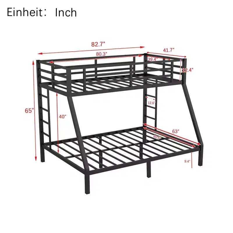 Bellemave Twin XL Over Queen Bunk Bed for Adults, Heavy Duty Metal Frame with 2 Ladders, Noise-Free Design, Black
