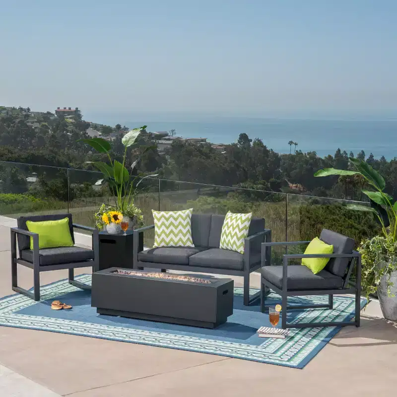 Christopher Knight Home Eclipse Outdoor Aluminum 4 Seater Chat Set with Fire Pit, Black/Dark Gray