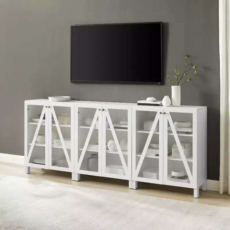 Crosley 90" Cassai 3pc Media Sideboard Cabinet Set of 3 Storage Pantries Modern Farmhouse Style, Adjustable Shelves