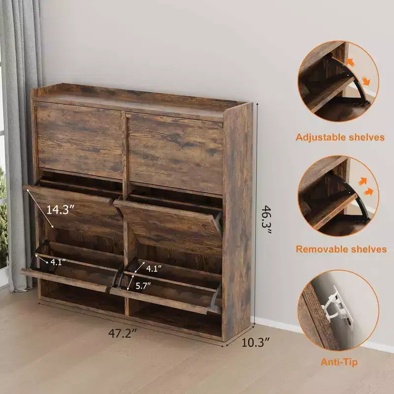 Shoe Cabinet with 6 Flip Drawers, Wooden Shoe Organizer Cabinet with Adjustable Shelf, Shoe Storage for Entryway, for Hallway, Living Room