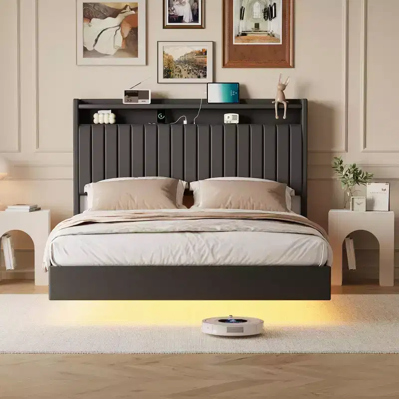 GustoWave Floating Bed Frame, with LED Lights & Charging Station