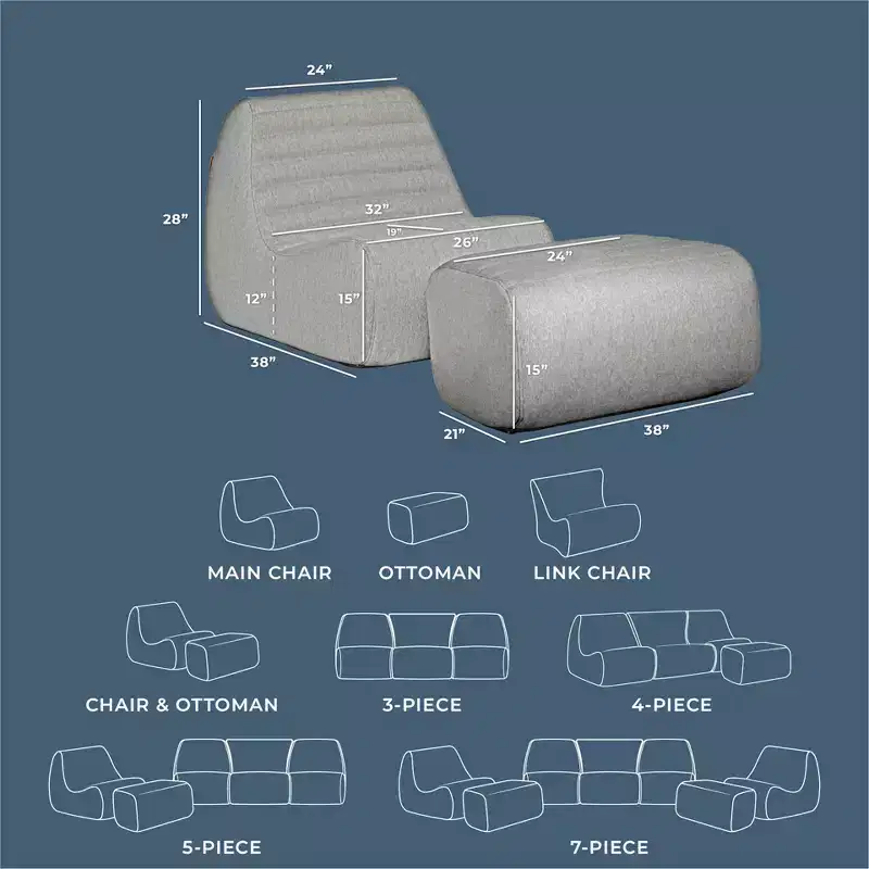 Big Joe Solvana Outdoor Patio Furniture Set, Performance Linen Weather-Resistant Fabric Chair and Ottoman, 2 Piece Sectional, Port Gray
