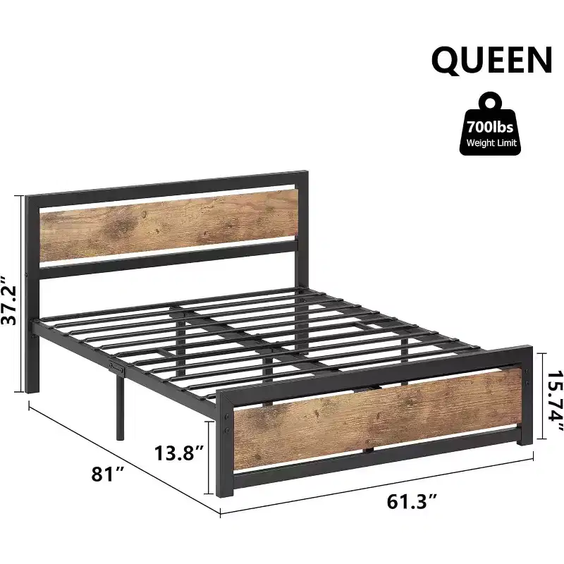 Queen Size Bed Frame, Industrial Queen Bed Platform with Headboard, Easy Assemble Mattress Bedframe in Retro Brown, No Box Spring Needed