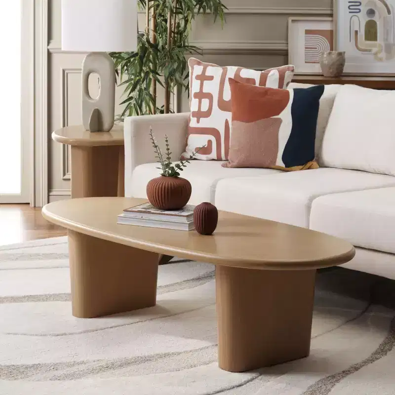 Oval Coffee Table, Solid Wood Frame, Sculptural Chunky Legs, 54
