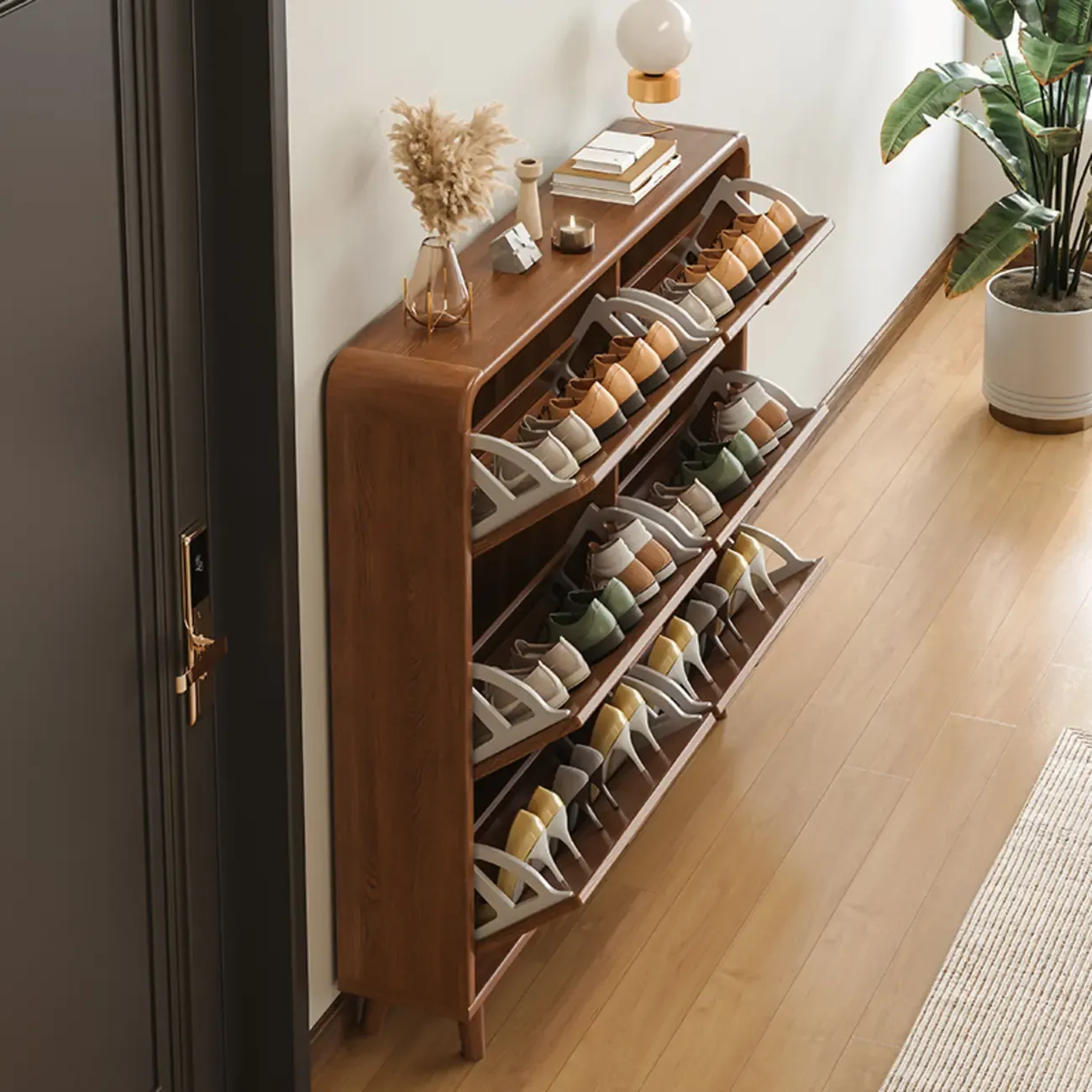Traditional Hidden Adjustable 3 Tiers Solid Wood Shoe Cabinet