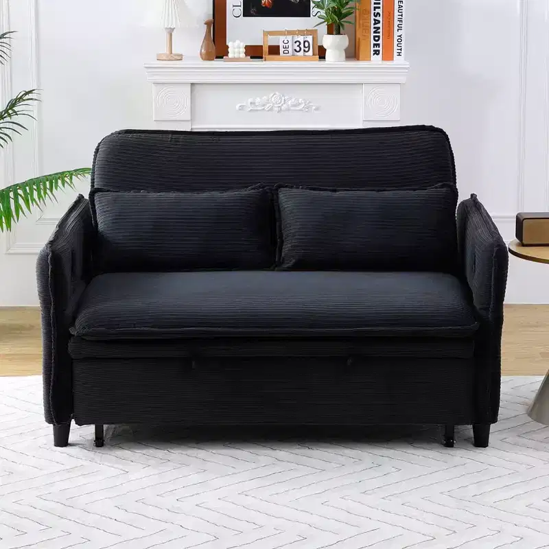 Black Letter Striped Fabric Multifunctional Loveseat Sofa Bed for Bedroom Living Room