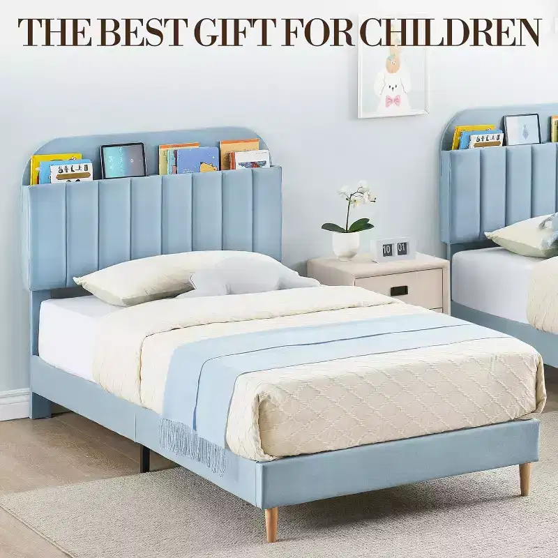 Double bed frame with bookshelf headboard, padded platform, children's bed frame, double bed size, slatted support, no spring mattress required.