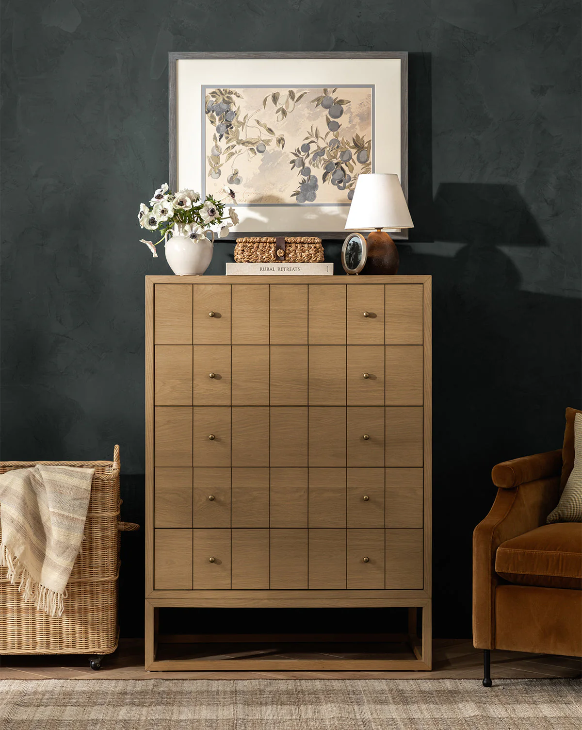 Contemporary Tall Dresser with Etched Pattern & Brass Pulls for Bedroom