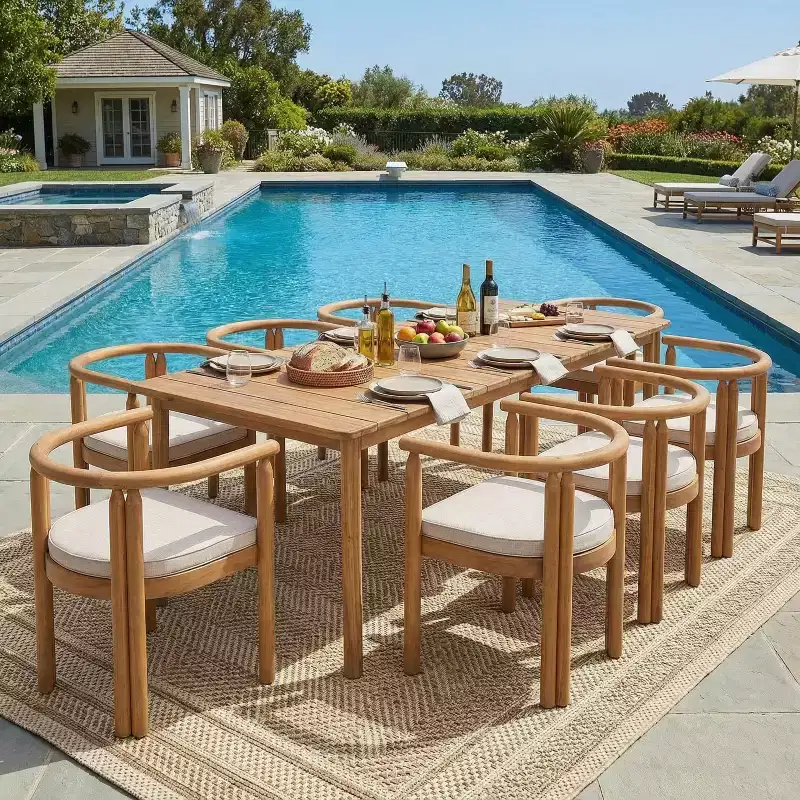 Christopher Knight Home Farah Rustic 9 Piece Patio Acacia Wood Dining Set with Slatted Tabletop and Cushions