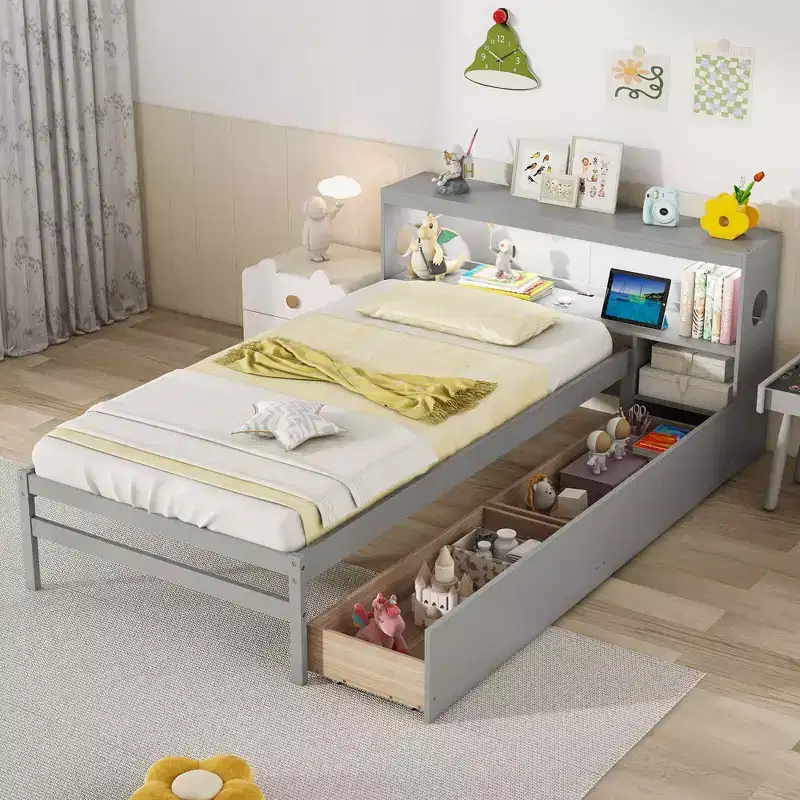 Twin Size Platform Bed Frame with LED Light, Bookcase Headboard & Storage Drawers
