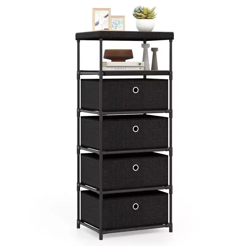 4-Drawer Industrial Storage Tower Dresser with Shelf and Fabric Bins