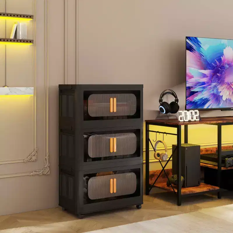 MAYEERTY 24 Side Wide 5 Tiers Plastic Folding Storage Cabinet with Magnetic Door Wheels for Living Room Black