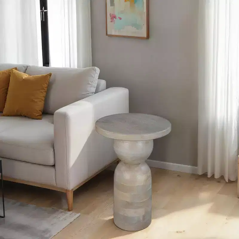 Royal Hampton 12 Inch Round Side End Table, Turned Pedestal Base, Beige Mango Wood in Natural Brown Finish