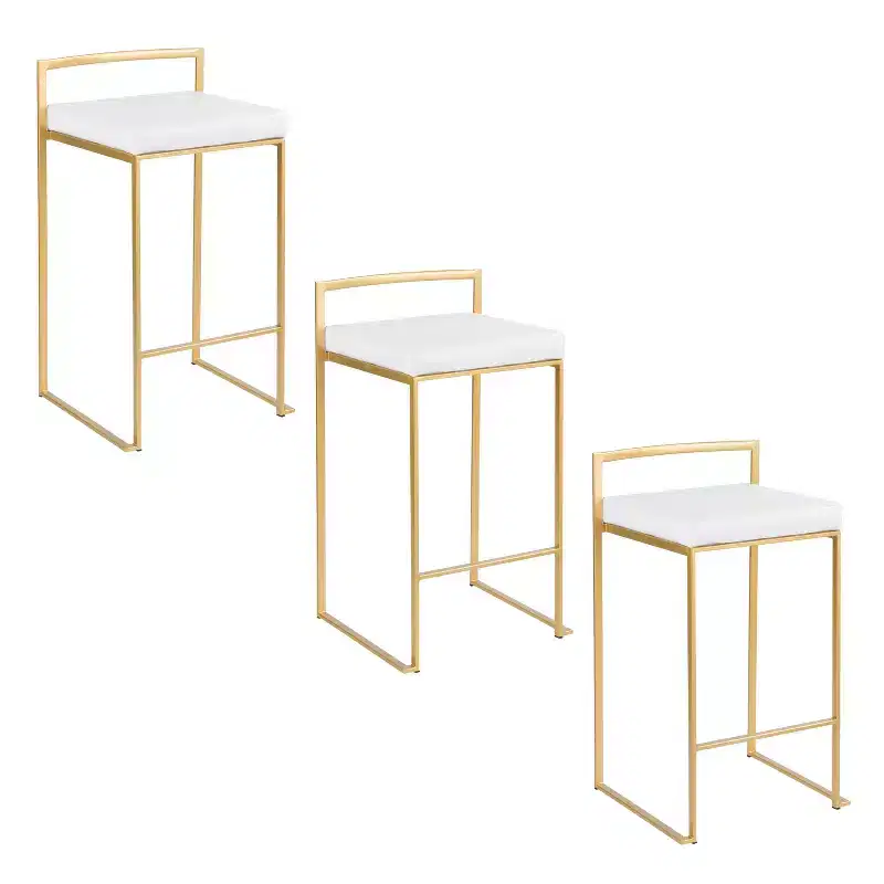 LumiSource Set of 3 Fuji Stacker Counter Height Barstools Gold/White PU