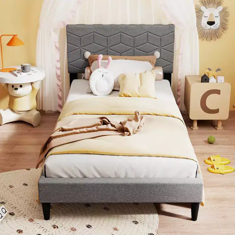 Costway Twin/Full/Queen Size Bed Frame with Linen Fabric Upholstered Headboard & Wooden Slat Support