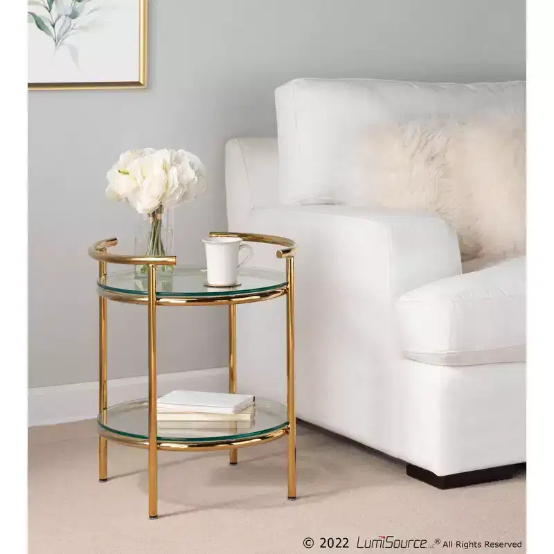 Art Deco Tiered Oval Side Table with Gold Frame & Clear Glass Tops