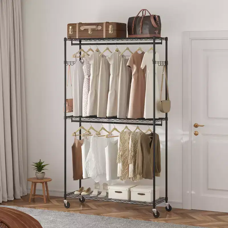VEVOR Heavy Duty Clothes Rack, Rolling Clothing Garment Rack with 3 Storage Tiers, 2 Rods and 2 Pairs Side Hooks, 400 Lbs Load Capacity