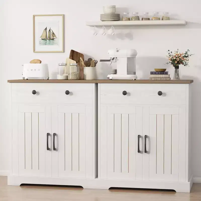 Set of 2 Storage Cabinet, Wood Sideboard Buffet Cabinet with Drawers & Doors, Modern Minimalist Accent Furniture for Living Room, Kitchen, Dining Room