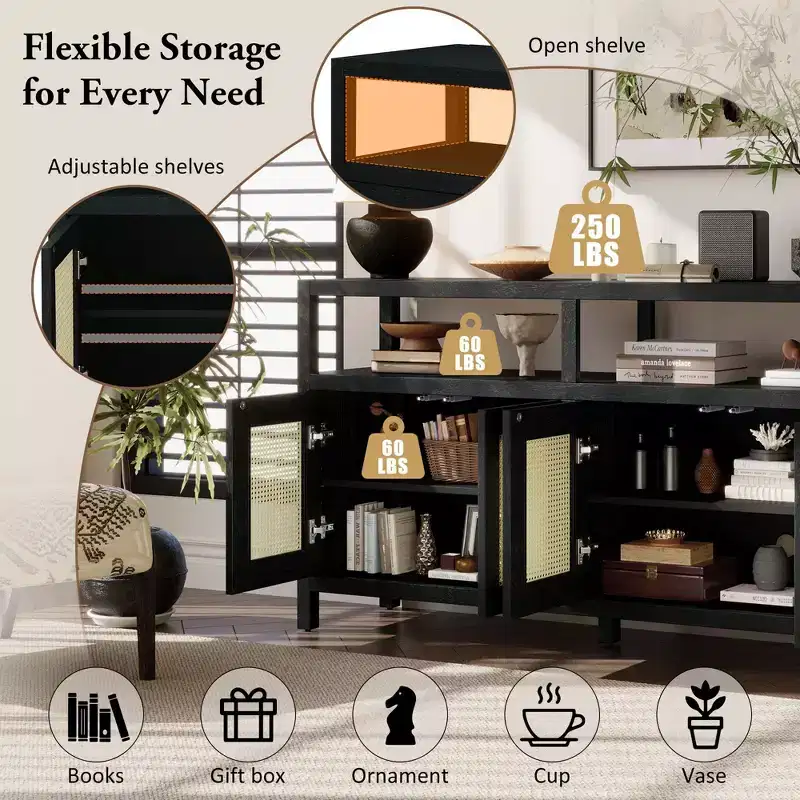 Bohemian Rattan Buffet Cabinet with Wood Frame and Push to Open Design Black
