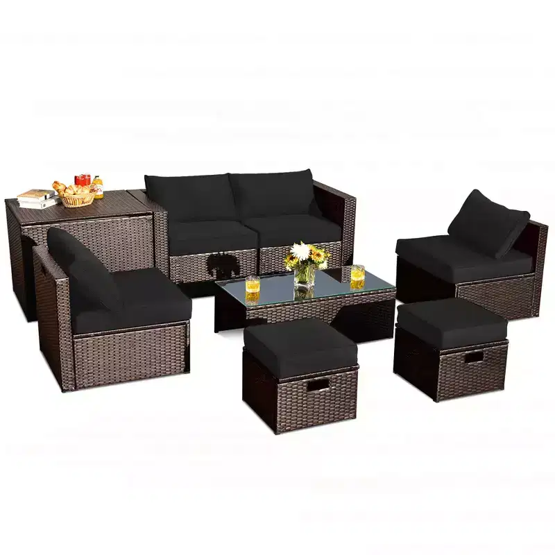 Costway 8PCS Patio Rattan Furniture Set Space-Saving Storage Cushion Black\Turquoise\Navy cover