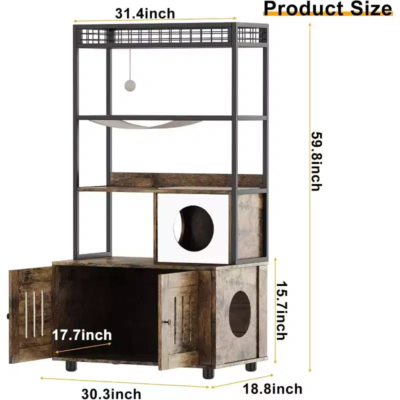 Multifunctional Cat Litter Box Enclosure Furniture with Cat Bed, Hammock, Scratching Mat & Sisal Ball, Hidden Litter Box Cabinet for Large Cats