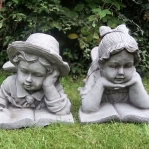 Boy & Girl Garden Ornaments Lawn Statues Hand Cast Figures