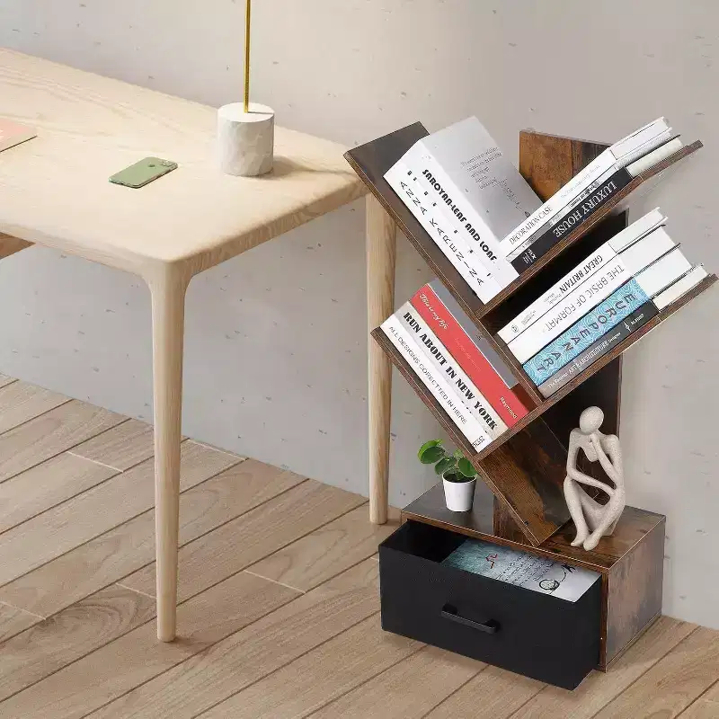 Acekool 4-Tier Tree Bookshelf, Narrow Bookcase with Drawer, Retro Shelf Organizer for Home Office, Living Room, Brown