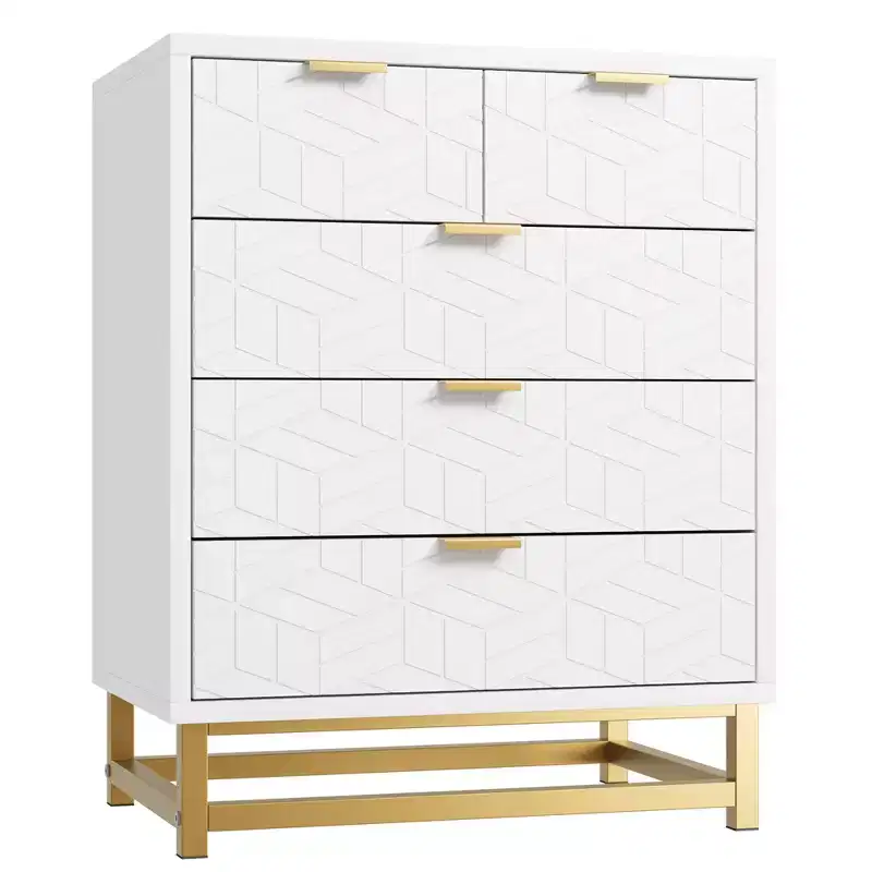 5-Drawer Dresser, Modern Wooden Bedroom Chest of Drawers With Storage Drawers, Farmhouse Style TV Stand for Living Room, Bedroom, Hallway, White