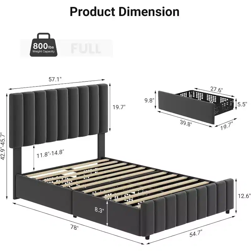 Full Upholstered Platform Bed Frame with 4 Storage Drawers,42.9-45.7 h Adjustable Headboard,Wooden Slats Support,No Box Spring Needed,Grey