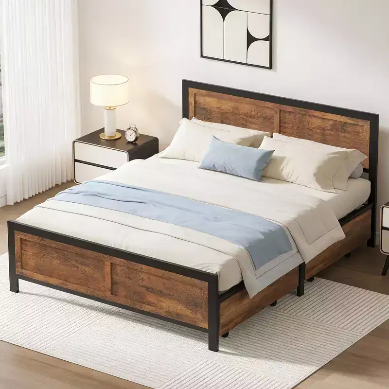 Queen Size Platform Bed Frame with/without 4 Large Storage Drawers, Heavy Duty Steel Slat Support, Noise-Free Easy Tool-Free Assembly