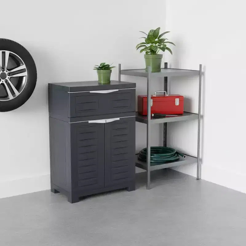 Charcoal Plastic Accent Cabinet – 2 Doors, 1 Drawer