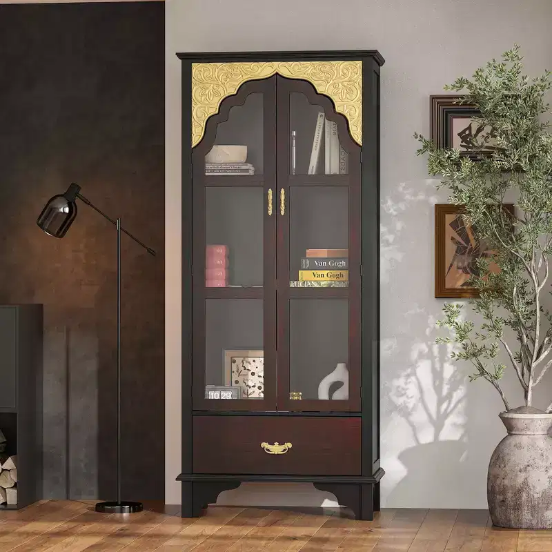 Famapy Dark Brown Ornate Storage Cabinet  Glass-Door Display + Bottom Drawer