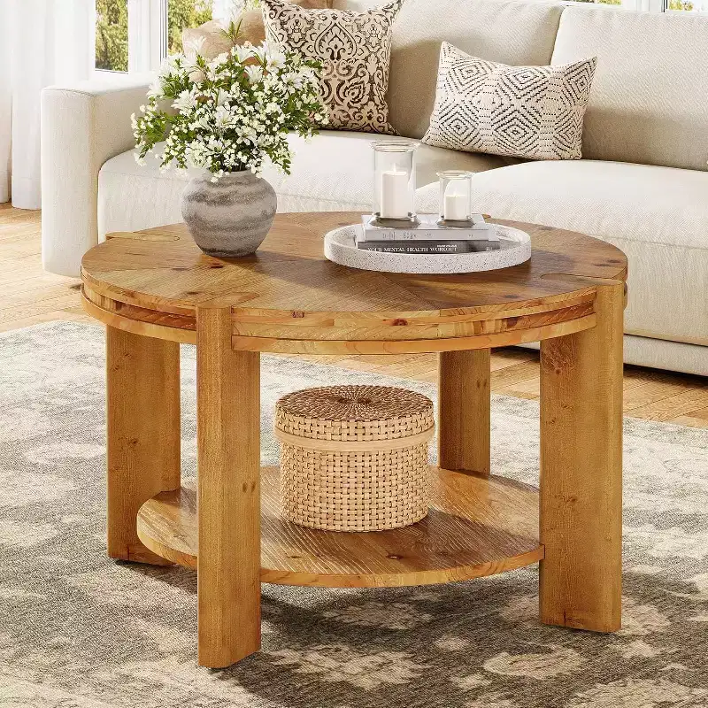 Lantine Round Solid Wood Coffee Table, 29.5 Farmhouse Circle Accent Center Tables with Storage Shelf for Living Room, Rustic Brown