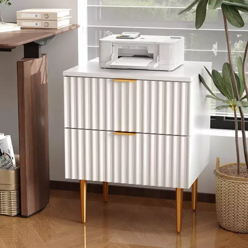 Modern Fluted Nightstand with 2 Drawers, Gold & Wood Bedside Table, Small Side Table, End Table for Bedroom, Living Room