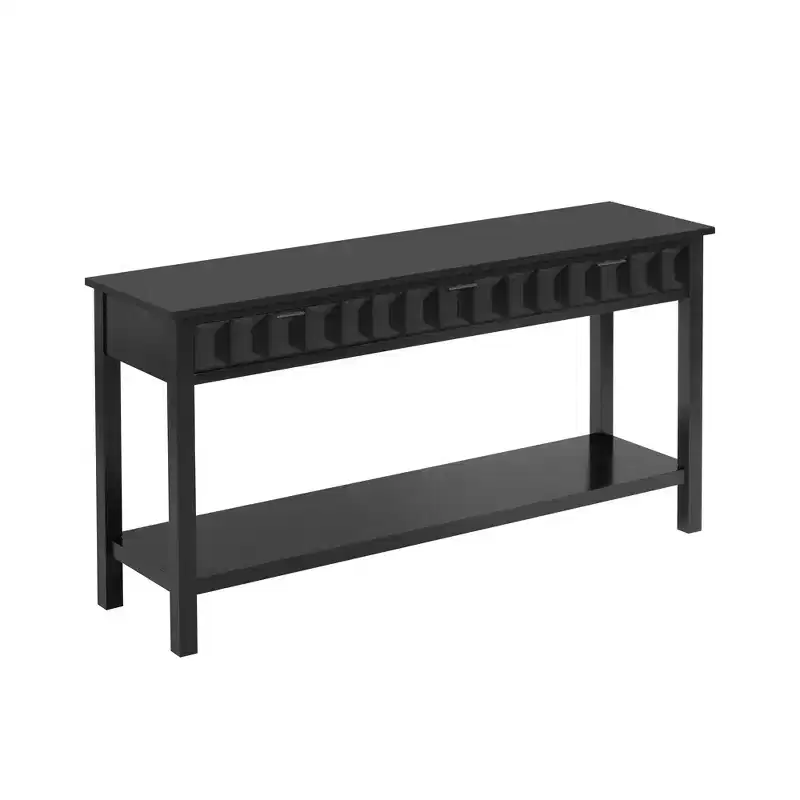 60 Inch Fir Veneer Entryway Console Table with Honeycomb-Patterned Fronts and 3 Drawers, Solid Fir Legs