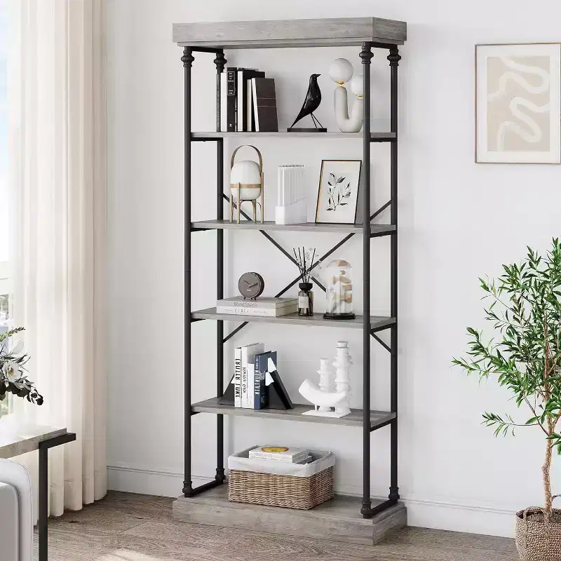 6-Tier Industrial Bookshelf with Metal Frame