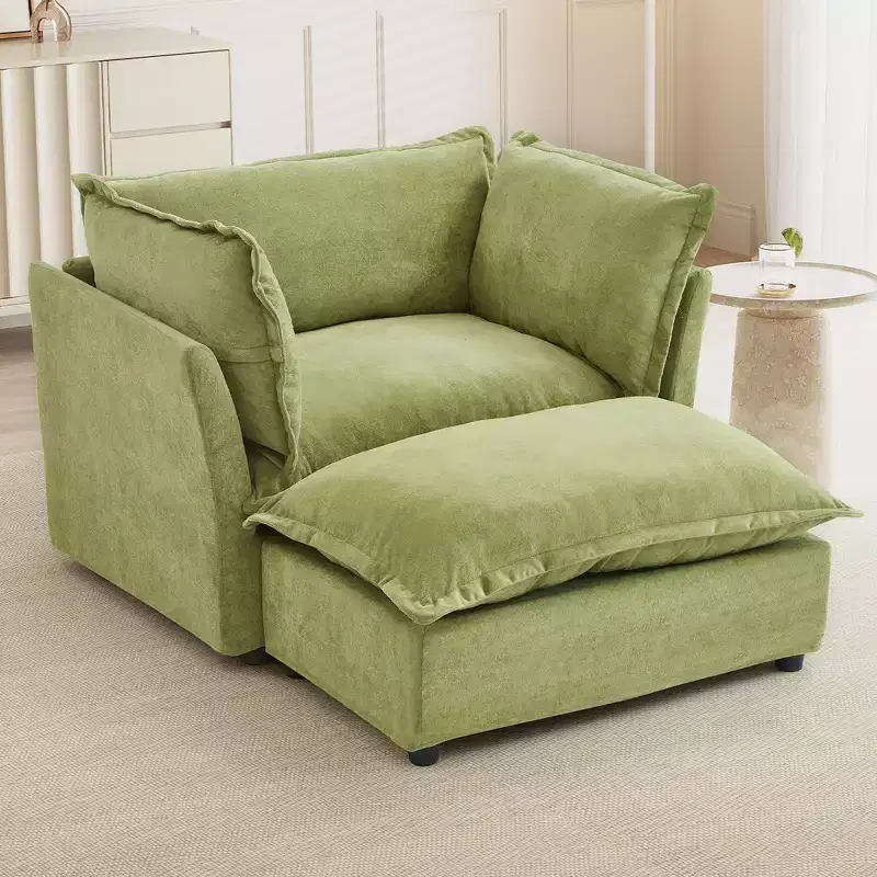 Chenille Armchair with Movable Ottoman, Wide Seat & Curved Armrests