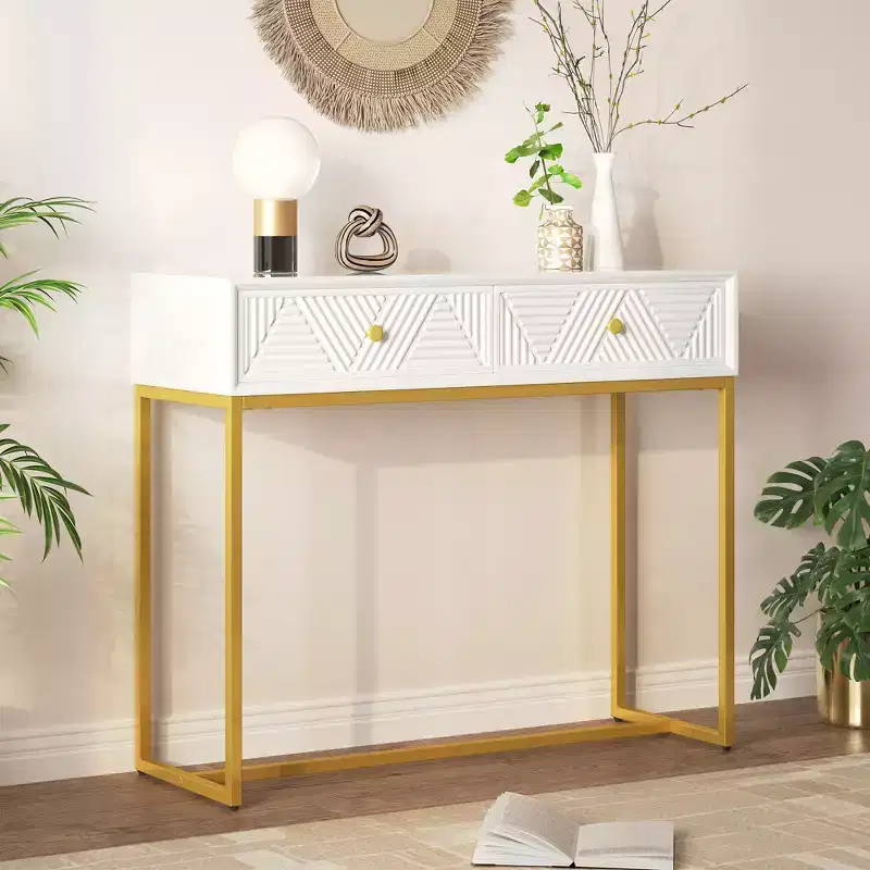 Modern Narrow Console Table with Storage 2 Drawers Stripe Design for Living Room Hallway White