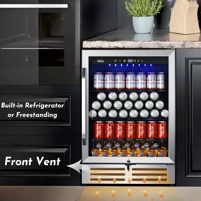 Hooure 24in Beverage Refrigerator, Mini Cooler with Reversible Glass Door- 210 Can Capacity with Professional Cooling System & Smart Controls
