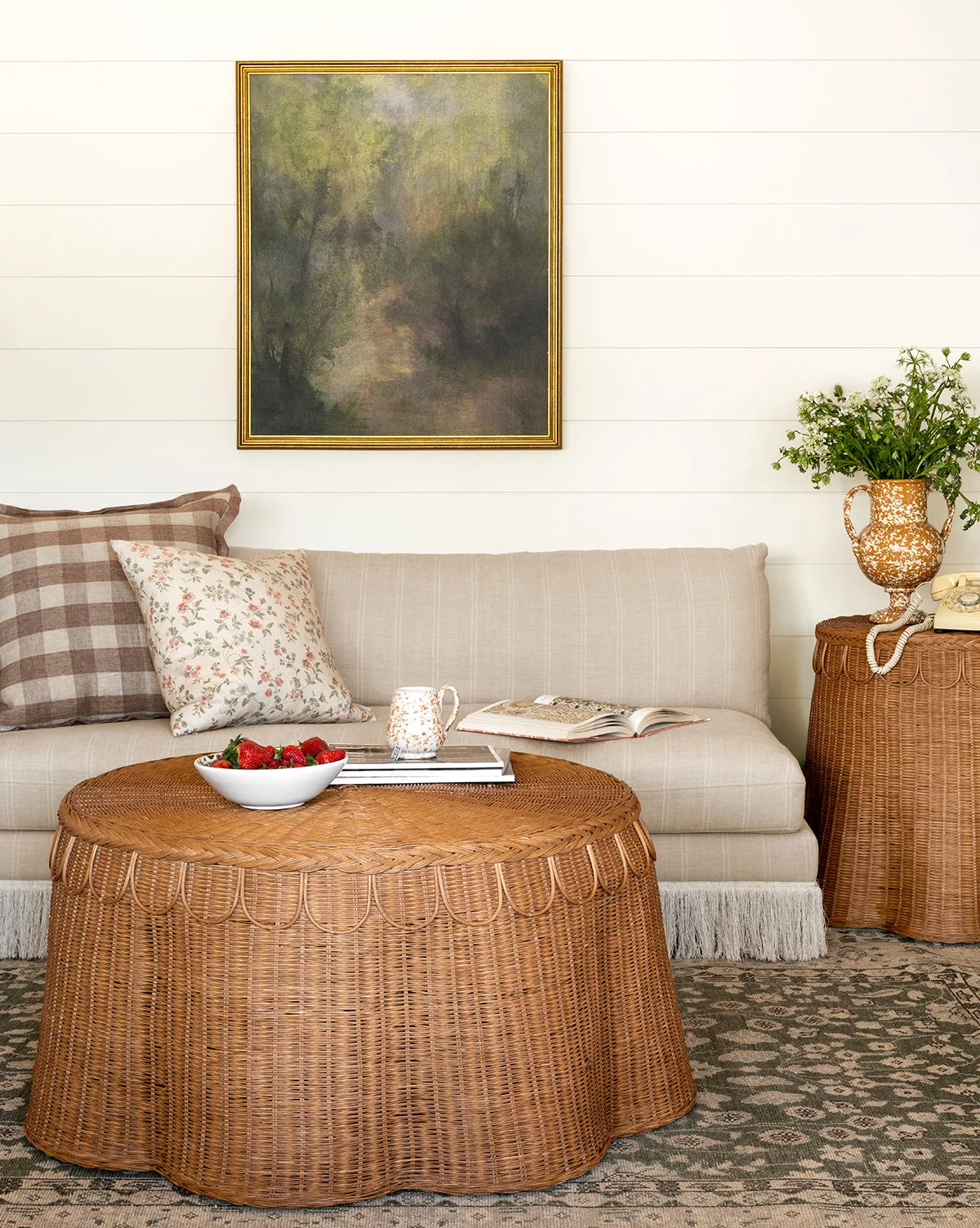 Bohemian Rattan Coffee Table with Scalloped Detail & Handwoven Texture for Living Room