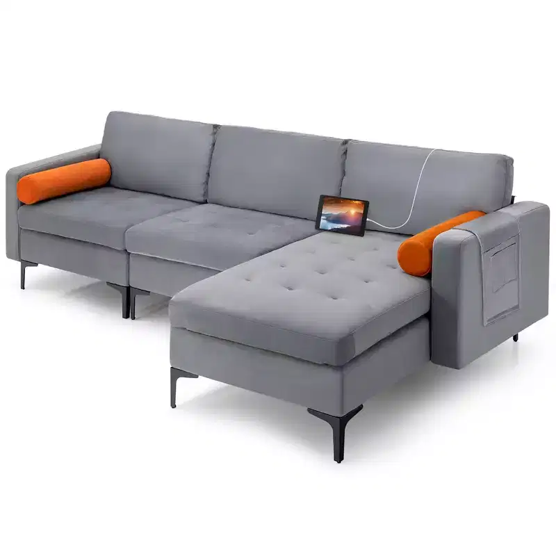 Modular L-shaped Sectional Sofa with Reversible Chaise & 2 USB Ports Ash Grey