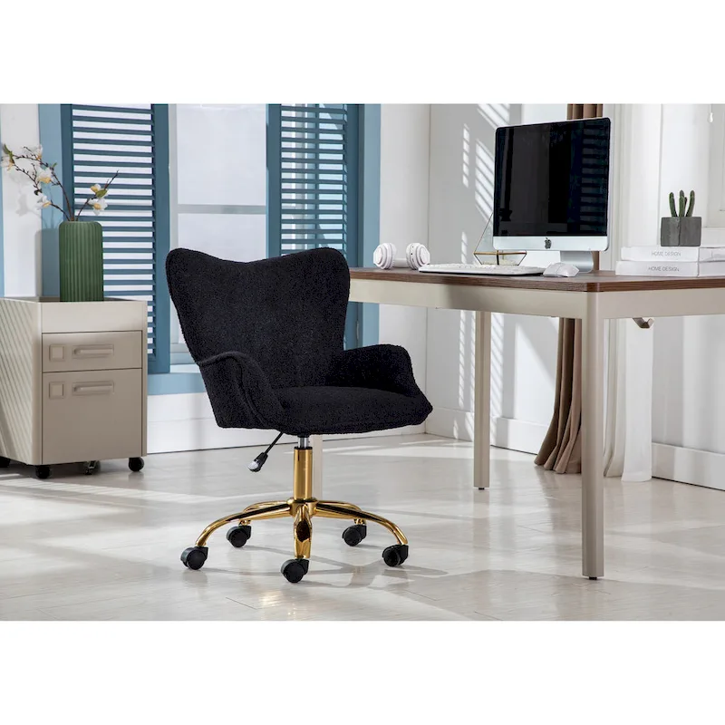 Swivel Office Chair with Teddy Fabric and Gold Chrome Legs