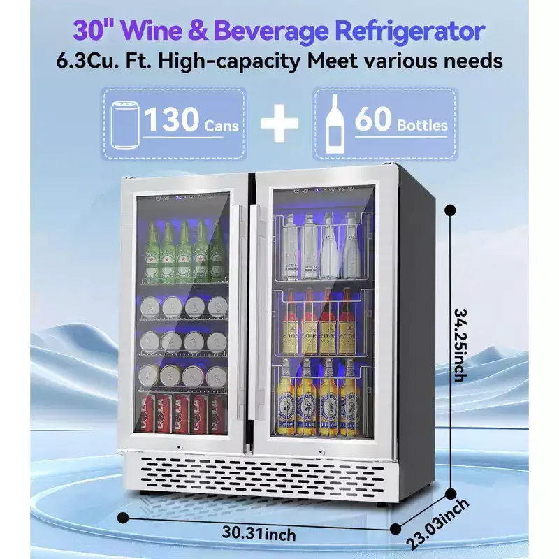RLPI Dual Zone 30 in. Built-In/Freestanding 60-Wine Bottles and 130-Cans with RGB LED Lighting, Stainless Steel