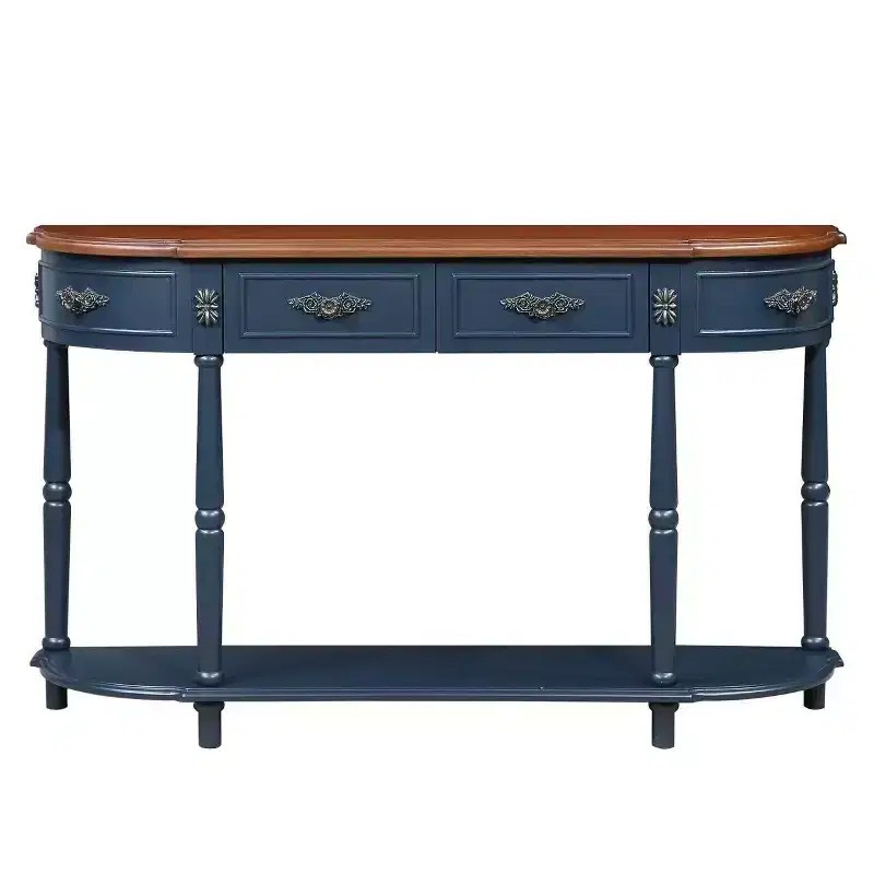 52'' Retro Curved Wood Console Table with Open Shelf and 2 Drawers for Living Room and Hallway, Navy Blue and Brown Top